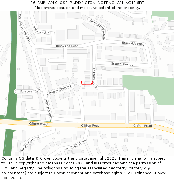 16, FAIRHAM CLOSE, RUDDINGTON, NOTTINGHAM, NG11 6BE: Location map and indicative extent of plot