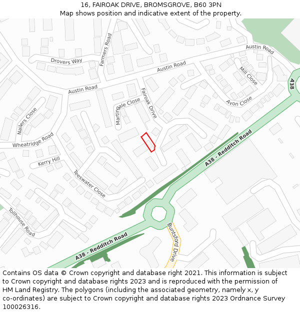 16, FAIROAK DRIVE, BROMSGROVE, B60 3PN: Location map and indicative extent of plot