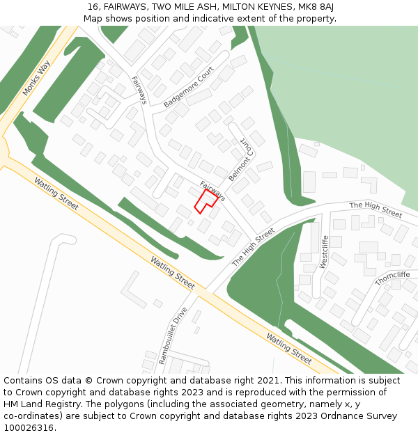 16, FAIRWAYS, TWO MILE ASH, MILTON KEYNES, MK8 8AJ: Location map and indicative extent of plot