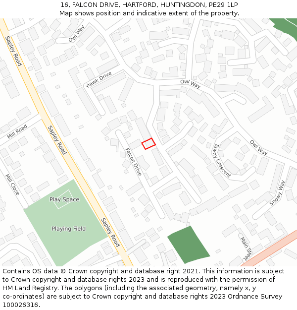 16, FALCON DRIVE, HARTFORD, HUNTINGDON, PE29 1LP: Location map and indicative extent of plot