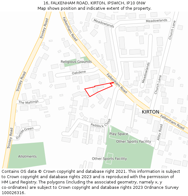 16, FALKENHAM ROAD, KIRTON, IPSWICH, IP10 0NW: Location map and indicative extent of plot