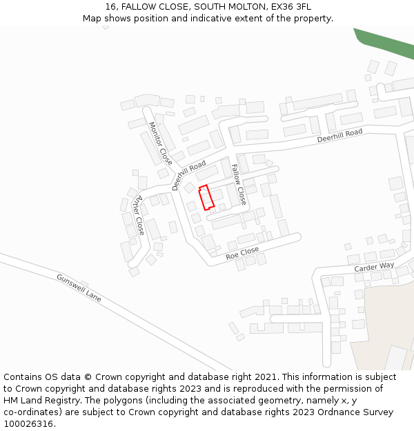 16, FALLOW CLOSE, SOUTH MOLTON, EX36 3FL: Location map and indicative extent of plot