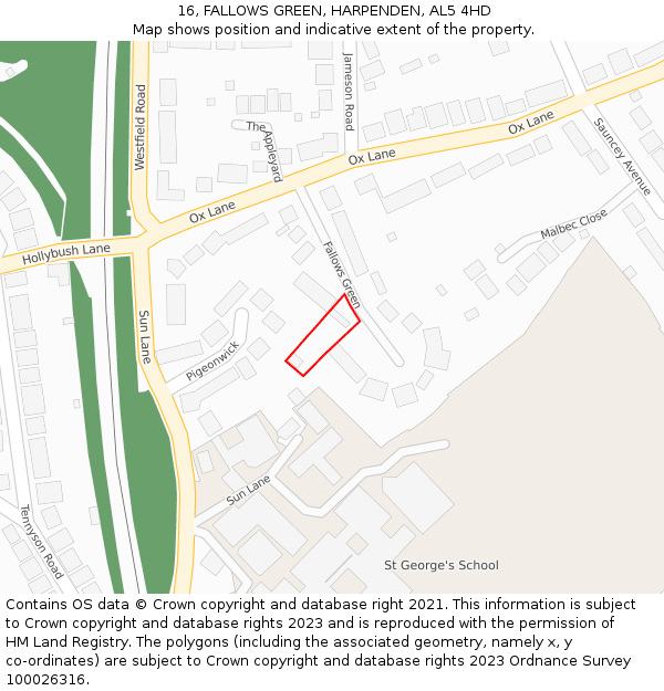 16, FALLOWS GREEN, HARPENDEN, AL5 4HD: Location map and indicative extent of plot