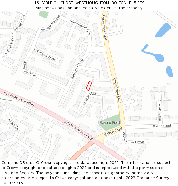 16, FARLEIGH CLOSE, WESTHOUGHTON, BOLTON, BL5 3ES: Location map and indicative extent of plot