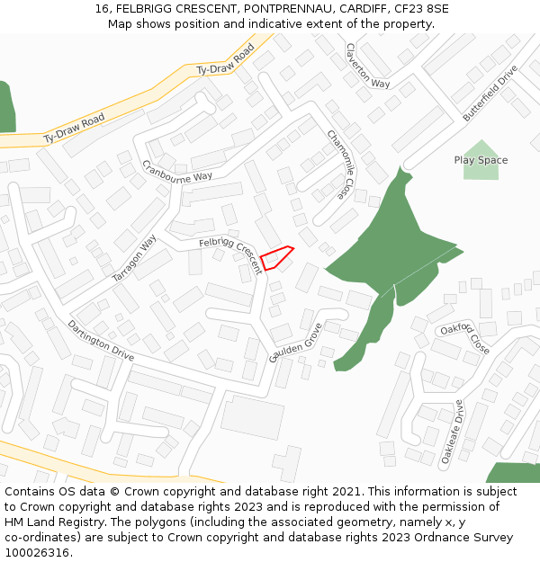 16, FELBRIGG CRESCENT, PONTPRENNAU, CARDIFF, CF23 8SE: Location map and indicative extent of plot