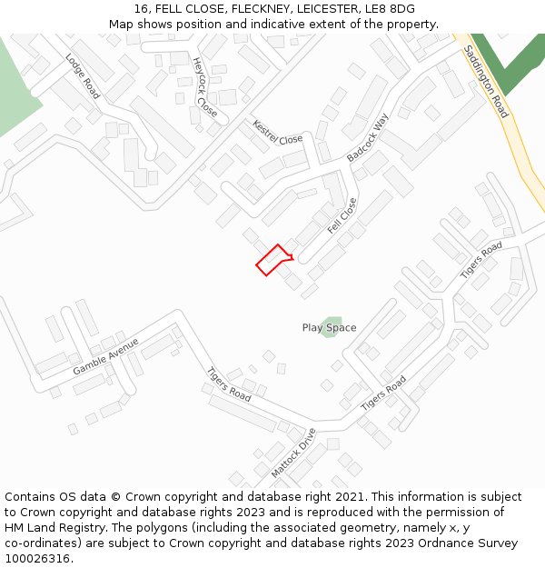 16, FELL CLOSE, FLECKNEY, LEICESTER, LE8 8DG: Location map and indicative extent of plot