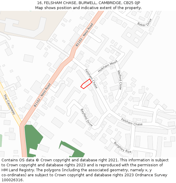 16, FELSHAM CHASE, BURWELL, CAMBRIDGE, CB25 0JP: Location map and indicative extent of plot