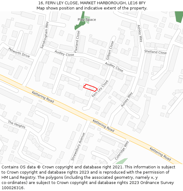 16, FERN LEY CLOSE, MARKET HARBOROUGH, LE16 8FY: Location map and indicative extent of plot