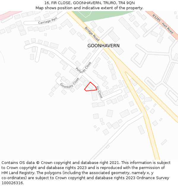 16, FIR CLOSE, GOONHAVERN, TRURO, TR4 9QN: Location map and indicative extent of plot