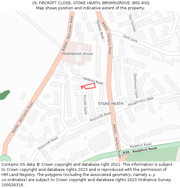 16, FIRCROFT CLOSE, STOKE HEATH, BROMSGROVE, B60 4NQ: Location map and indicative extent of plot