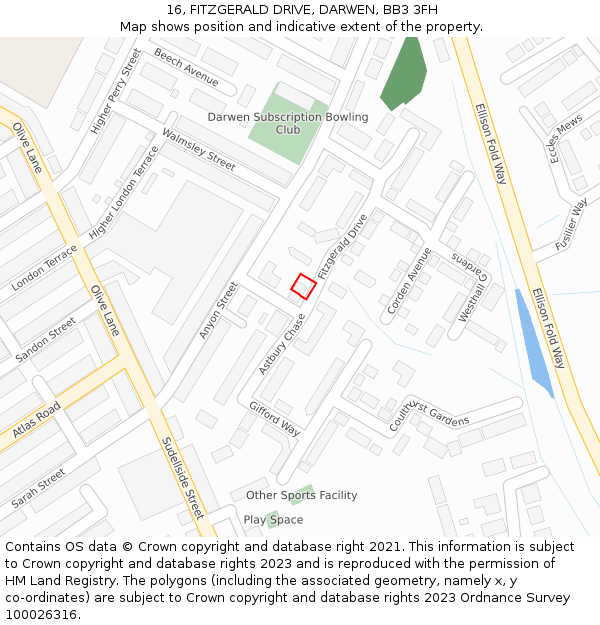 16, FITZGERALD DRIVE, DARWEN, BB3 3FH: Location map and indicative extent of plot