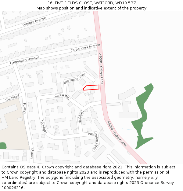 16, FIVE FIELDS CLOSE, WATFORD, WD19 5BZ: Location map and indicative extent of plot