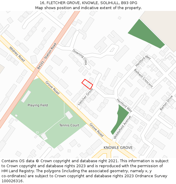 16, FLETCHER GROVE, KNOWLE, SOLIHULL, B93 0PG: Location map and indicative extent of plot