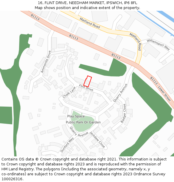16, FLINT DRIVE, NEEDHAM MARKET, IPSWICH, IP6 8FL: Location map and indicative extent of plot