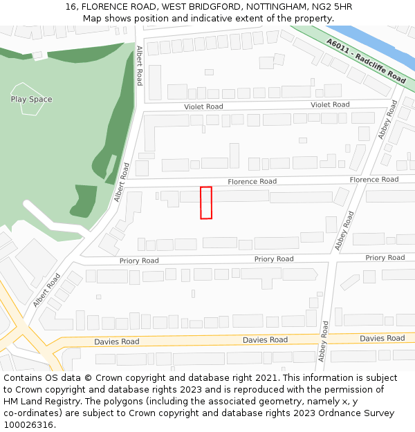 16, FLORENCE ROAD, WEST BRIDGFORD, NOTTINGHAM, NG2 5HR: Location map and indicative extent of plot