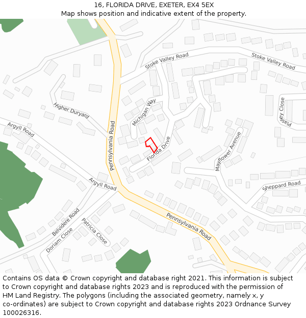 16, FLORIDA DRIVE, EXETER, EX4 5EX: Location map and indicative extent of plot