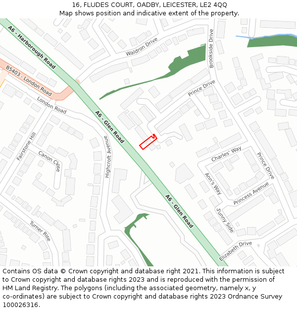 16, FLUDES COURT, OADBY, LEICESTER, LE2 4QQ: Location map and indicative extent of plot