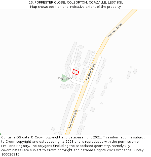 16, FORRESTER CLOSE, COLEORTON, COALVILLE, LE67 8GL: Location map and indicative extent of plot