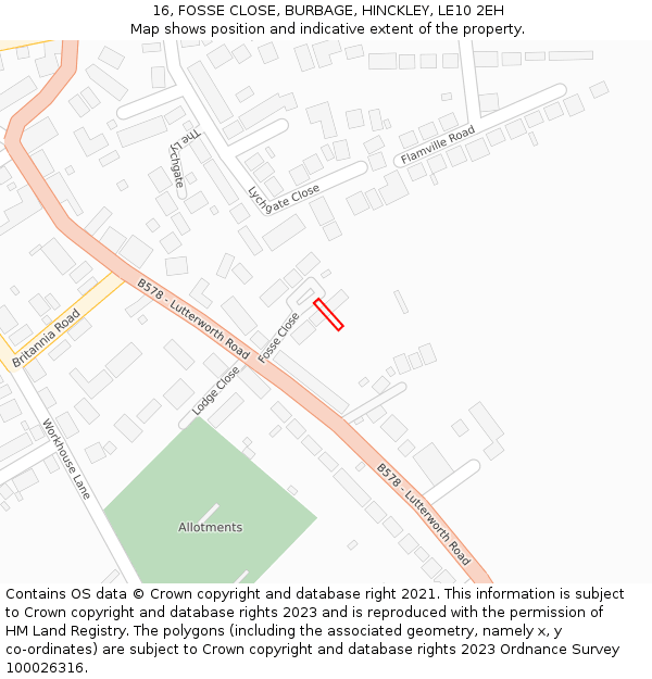 16, FOSSE CLOSE, BURBAGE, HINCKLEY, LE10 2EH: Location map and indicative extent of plot