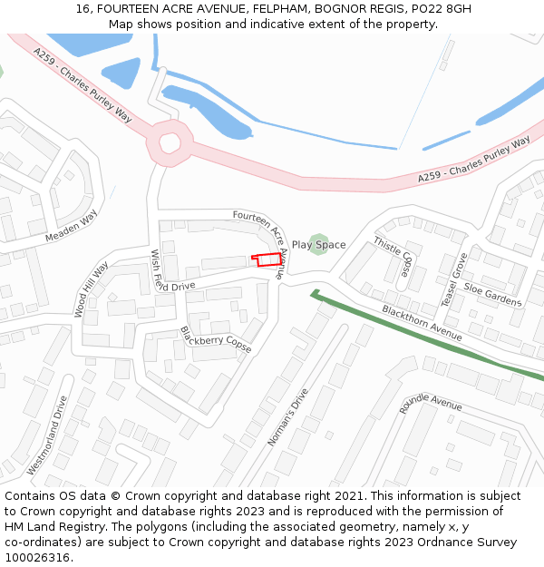 16, FOURTEEN ACRE AVENUE, FELPHAM, BOGNOR REGIS, PO22 8GH: Location map and indicative extent of plot