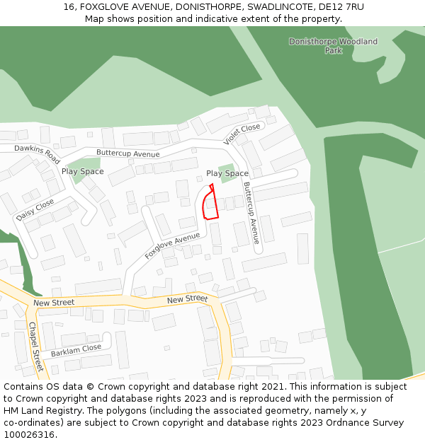 16, FOXGLOVE AVENUE, DONISTHORPE, SWADLINCOTE, DE12 7RU: Location map and indicative extent of plot