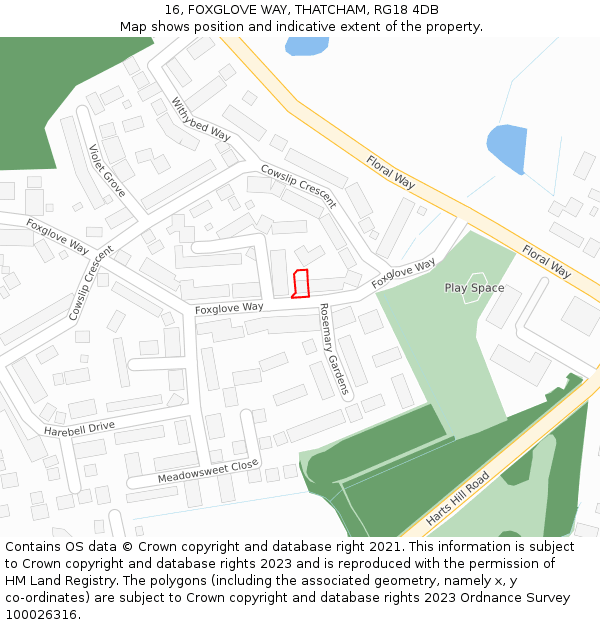 16, FOXGLOVE WAY, THATCHAM, RG18 4DB: Location map and indicative extent of plot