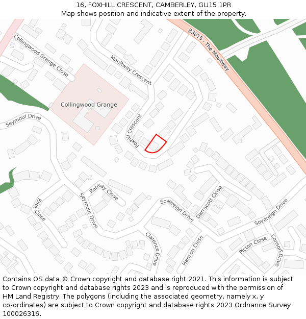 16, FOXHILL CRESCENT, CAMBERLEY, GU15 1PR: Location map and indicative extent of plot