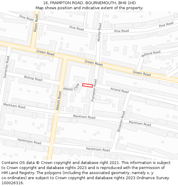 16, FRAMPTON ROAD, BOURNEMOUTH, BH9 1HD: Location map and indicative extent of plot