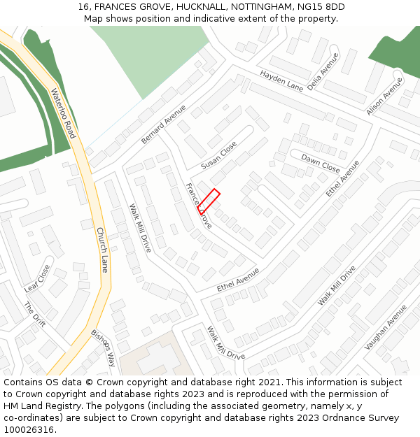 16, FRANCES GROVE, HUCKNALL, NOTTINGHAM, NG15 8DD: Location map and indicative extent of plot