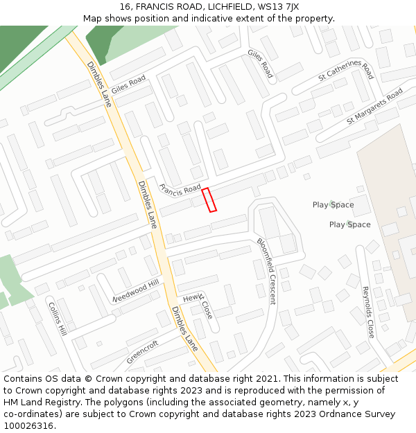 16, FRANCIS ROAD, LICHFIELD, WS13 7JX: Location map and indicative extent of plot