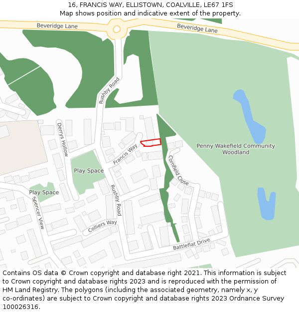 16, FRANCIS WAY, ELLISTOWN, COALVILLE, LE67 1FS: Location map and indicative extent of plot