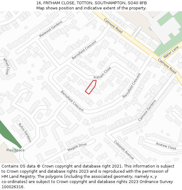 16, FRITHAM CLOSE, TOTTON, SOUTHAMPTON, SO40 8FB: Location map and indicative extent of plot