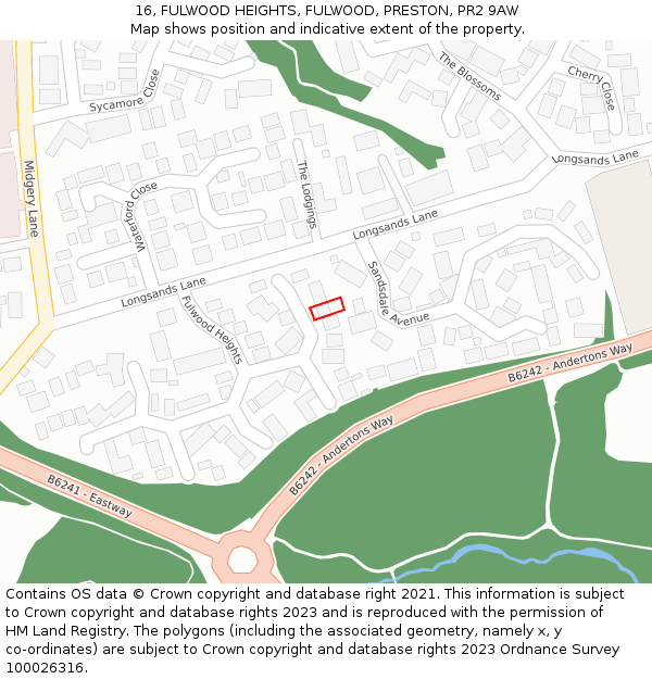 16, FULWOOD HEIGHTS, FULWOOD, PRESTON, PR2 9AW: Location map and indicative extent of plot