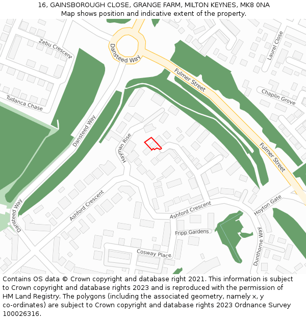 16, GAINSBOROUGH CLOSE, GRANGE FARM, MILTON KEYNES, MK8 0NA: Location map and indicative extent of plot