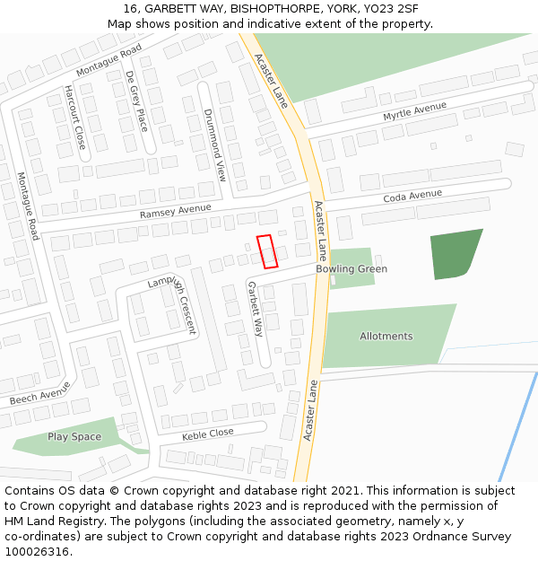 16, GARBETT WAY, BISHOPTHORPE, YORK, YO23 2SF: Location map and indicative extent of plot