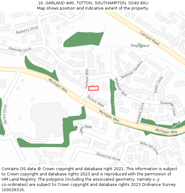 16, GARLAND WAY, TOTTON, SOUTHAMPTON, SO40 8XU: Location map and indicative extent of plot