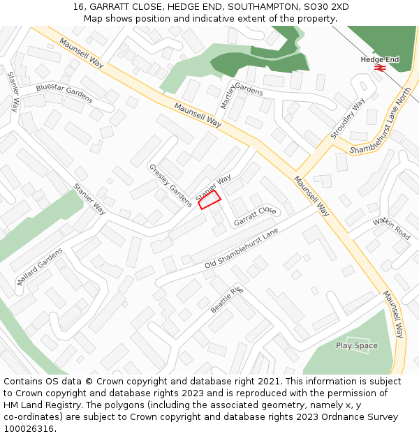 16, GARRATT CLOSE, HEDGE END, SOUTHAMPTON, SO30 2XD: Location map and indicative extent of plot