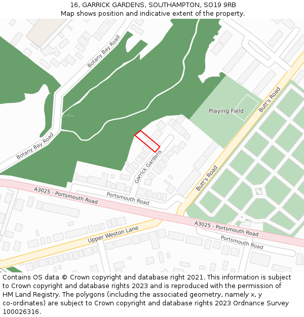 16, GARRICK GARDENS, SOUTHAMPTON, SO19 9RB: Location map and indicative extent of plot