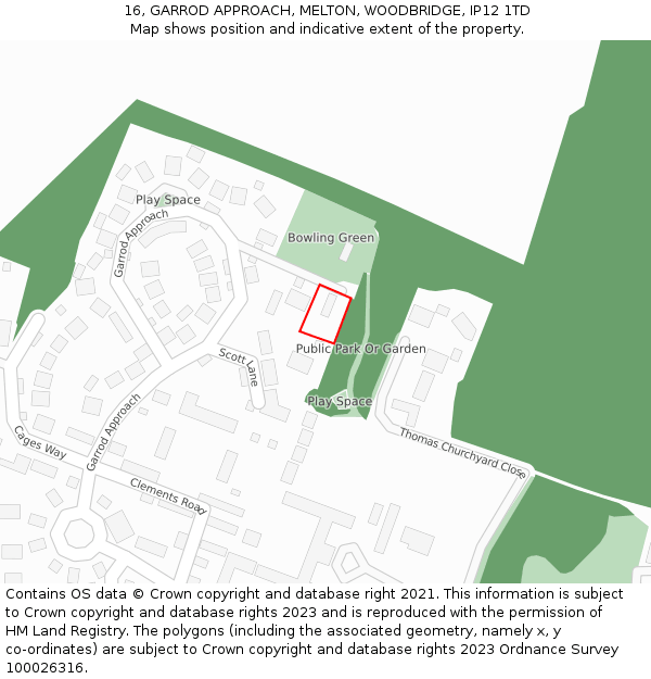 16, GARROD APPROACH, MELTON, WOODBRIDGE, IP12 1TD: Location map and indicative extent of plot