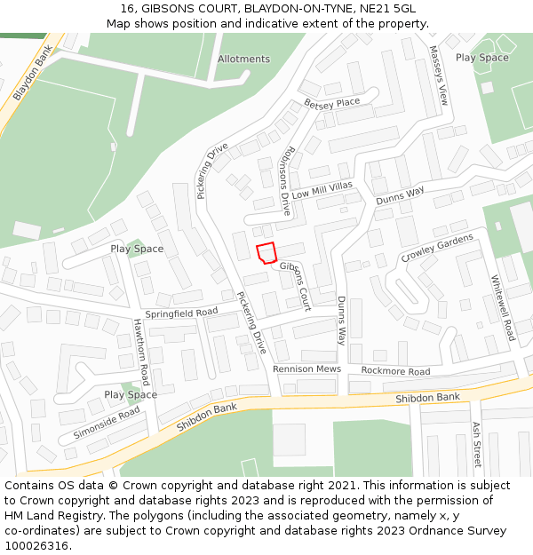 16, GIBSONS COURT, BLAYDON-ON-TYNE, NE21 5GL: Location map and indicative extent of plot