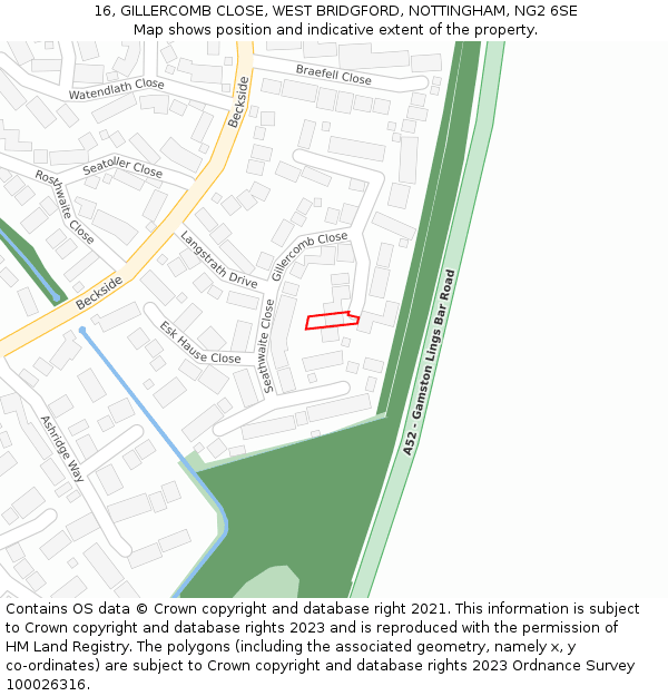 16, GILLERCOMB CLOSE, WEST BRIDGFORD, NOTTINGHAM, NG2 6SE: Location map and indicative extent of plot