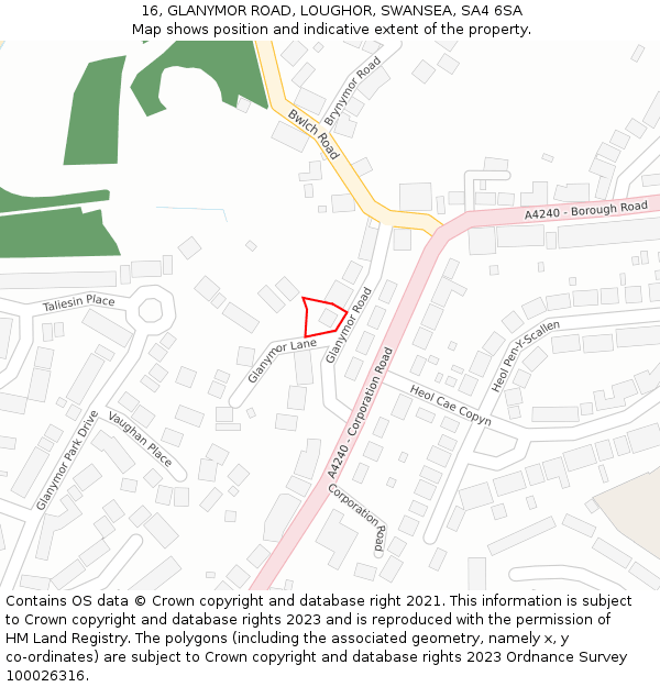 16, GLANYMOR ROAD, LOUGHOR, SWANSEA, SA4 6SA: Location map and indicative extent of plot