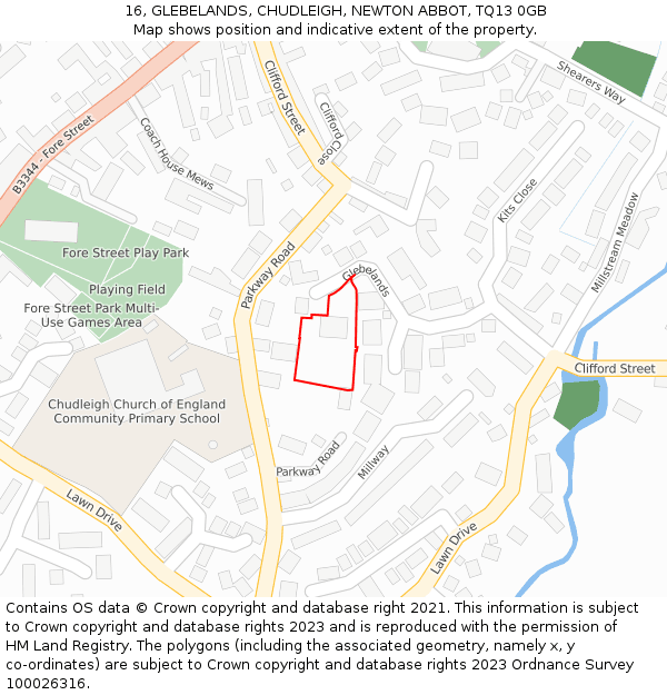 16, GLEBELANDS, CHUDLEIGH, NEWTON ABBOT, TQ13 0GB: Location map and indicative extent of plot