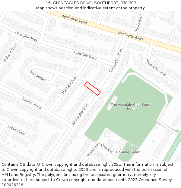 16, GLENEAGLES DRIVE, SOUTHPORT, PR8 3PP: Location map and indicative extent of plot
