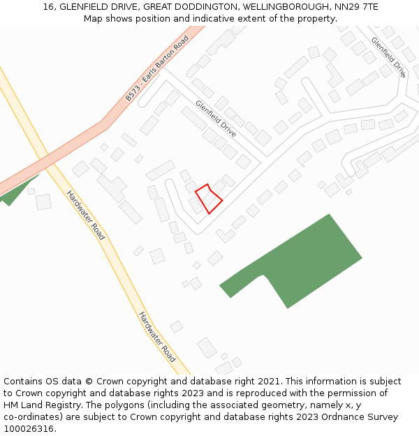 16, GLENFIELD DRIVE, GREAT DODDINGTON, WELLINGBOROUGH, NN29 7TE: Location map and indicative extent of plot