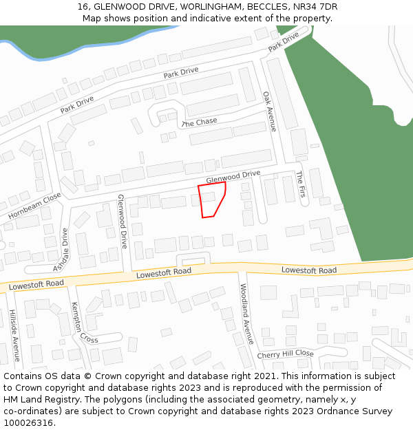 16, GLENWOOD DRIVE, WORLINGHAM, BECCLES, NR34 7DR: Location map and indicative extent of plot