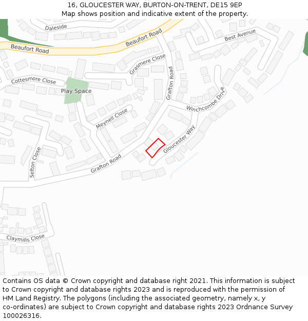 16, GLOUCESTER WAY, BURTON-ON-TRENT, DE15 9EP: Location map and indicative extent of plot