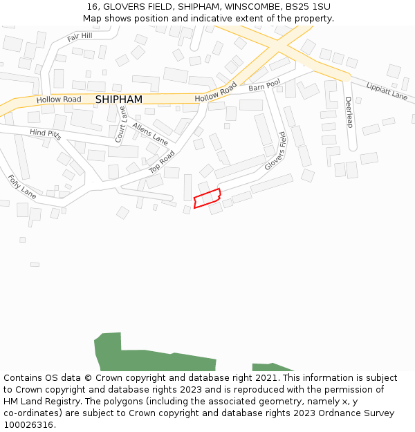 16, GLOVERS FIELD, SHIPHAM, WINSCOMBE, BS25 1SU: Location map and indicative extent of plot