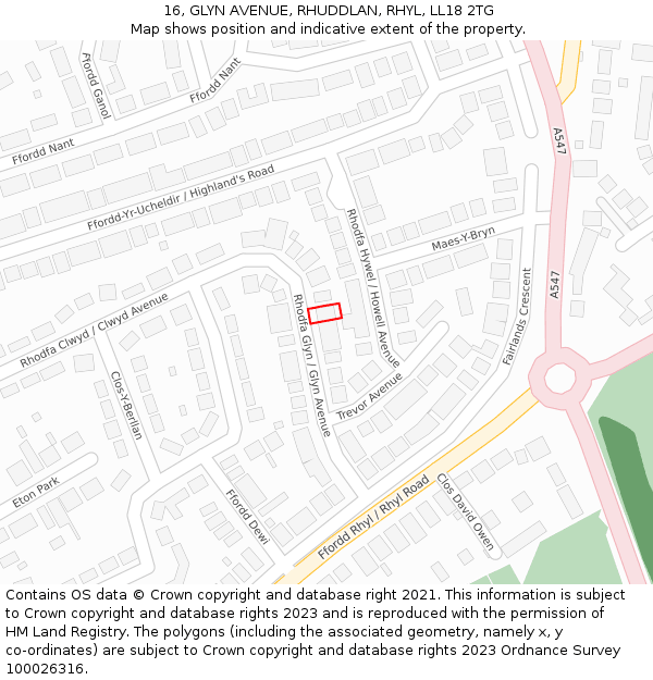 16, GLYN AVENUE, RHUDDLAN, RHYL, LL18 2TG: Location map and indicative extent of plot