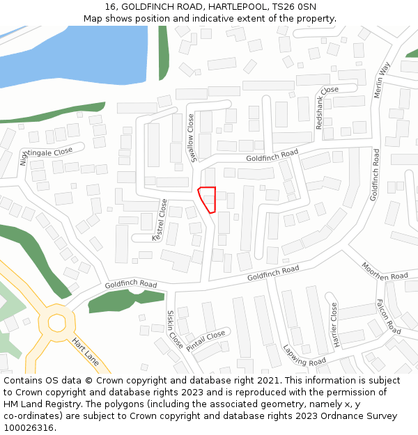 16, GOLDFINCH ROAD, HARTLEPOOL, TS26 0SN: Location map and indicative extent of plot
